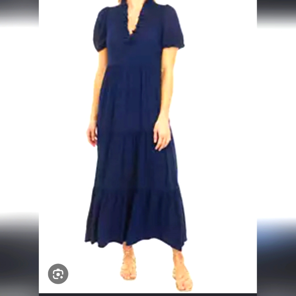 Crown & Ivy Blue Puff Sleeve V-Neck Maxi Dress